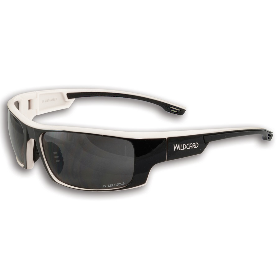 Wildcard Safety Glasses, Black Frame w/ White Accent, Gray Mirror Lens