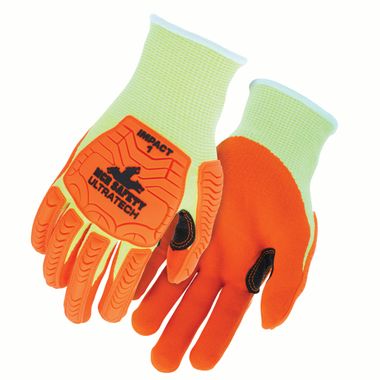 MCR UT1955 UltraTech® A5 CutPro® Hi Viz Lime Shell, Orange Sandy Nitrile Foam Palm, Impact Protection Gloves